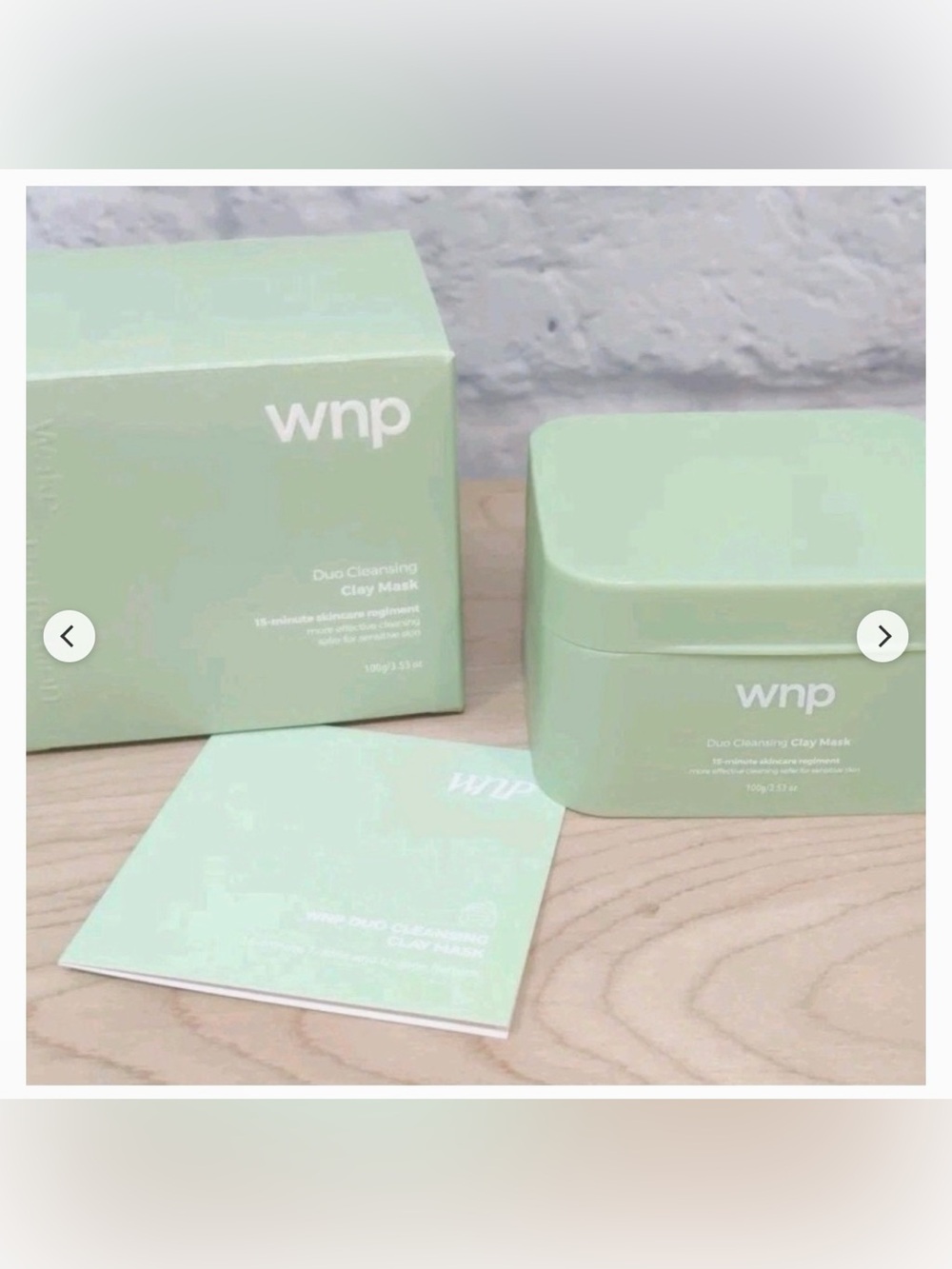 WNP Duo Cleansing Clay Mask in mint green packaging, featuring a dual-formula